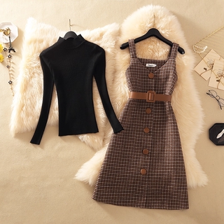otoño/invierno de las mujeres de manga larga de fondo suéter + cabestrillo cuadros lana media longitud vestido de 2 piezas traje