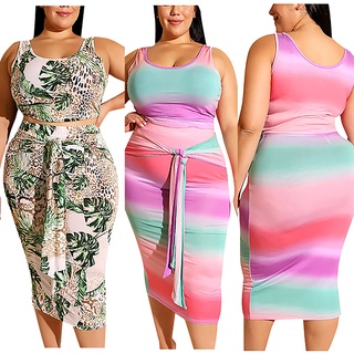 dixlmond🍒_Women's Fashion Casual Sleeveless Buttocks Two Piece Set Tie-Dyed Print Suit