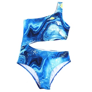 handyou de un hombro de cintura alta azul impresión hueco de las mujeres de una sola pieza traje de baño bikini para la piscina (9)