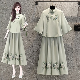 Gran tamaño de las mujeres de la ropa de verano Hanfu mejorado vestido de las mujeres de estilo de grasa hermana adelgazante superior bordado traje falda (1)