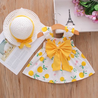 vestido de niña de verano ropa de los niños nuevo lindo naranja impresión arco liguero falda sombrero