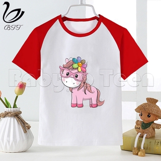 Camiseta De dibujos animados De unicornio con cuello redondo/Camiseta De dibujos animados para niñas