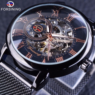 forsining negro acero transparente caso romano dial 3d logo grabado hombres relojes mecánicos top marca de lujo esqueleto reloj de pulsera