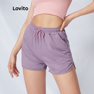 Lovito Shorts Casual Liso Básico Cordón Bolsillo L09105 (Negro/Púrpura) (1)