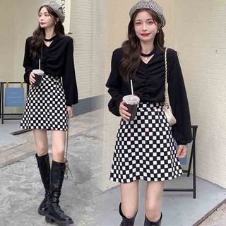 suéter conjunto mujer otoño nuevo diseño plisado manga larga camisa + ajedrez cintura alta media longitud una palabra falda de dos piezas conjunto