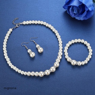 mign elegante blanco imitación perla collar pendientes y pulsera perla con cuentas cadena gota pendientes traje de joyería conjunto para las mujeres