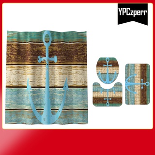 4 piezas juego de baño cortina de ducha alfombra y tapa de inodoro cubierta patrón de anclaje barco