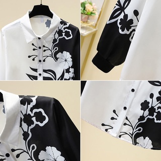 Camisa de contraste con estampado en blanco y negro blusa de manga larga suelta de primavera para mujer (4)
