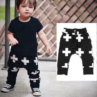 unisex moda algodón cruz impreso patrón niños harén pantalones largos