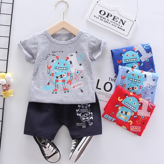 [mic] 2 unids/Set 1-4 años bebé niño trajes de impresión Robot niños conjunto Top camiseta + pantalones cortos ropa niños caliente Baju regalos