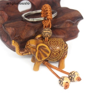 【artgloriouslo】 Lucky Elephant Carving Wooden Pendant Keychain Key Ring Chain Decoration Gift .