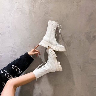 (timberland Zapatos) Martin botas de las mujeres de moda ins cool 2020 otoño nuevo suela gruesa botas de tubo medio delgado blanco botas cortas aumentar