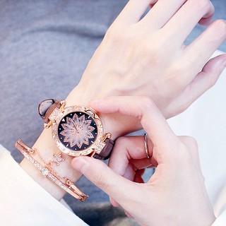 (Incluyendo pulsera) Reloj para mujer / conjunto de joyas / reloj de cuero de lujo de oro rosa (9)