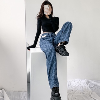 [taozi]Jacquard Alta cintura Jeans moda suelto gran tamaño ancho pierna recta pantalones largos pantalones de mezclilla