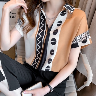 Nueva moda Casual de verano suelta todo-partido blusa de seda de manga corta impresión cuello en V botón camisa