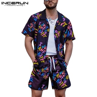 incerun hombres moda manga corta impreso camisas+pantalones cortos sueltos casual conjuntos (1)