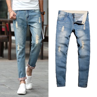hombres jóvenes casual angustiado jeans hombres moda recta slim destruir lavado jeans