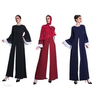 Gssyy Mujeres Musulmanas Niveles Volantes Llamarada De Manga Larga Vestido Abierto Contraste Color Abaya Kaftan Túnica De Gasa Split Frente Islámico Dubai Fiesta
