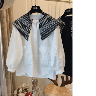 Top de camisa de manga larga de dos piezas con costuras sueltas y chal pop falso