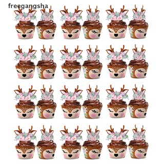 [freegangsha] 24sets de ciervo borde envoltura flor tarjeta decoración boda navidad cupcake decoración dgdz (9)