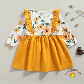 Unikids vestido de verano, Floral costura O-cuello volantes manga larga falda Casual para niñas, 18 meses a 5 años