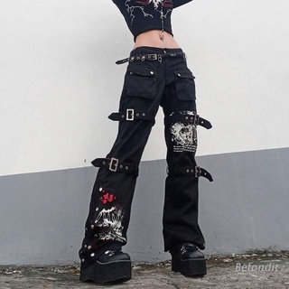 bef mujeres goth punk cintura alta jeans harajuku hebilla de metal hip hop impresión pantalones de carga ancho pierna holgada pantalones de mezclilla