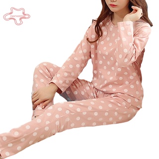 pantherpink Lunares Impresión Pijama Conjunto De Manga Larga Cuello Redondo Mujeres Dos Piezas Ropa De Dormir