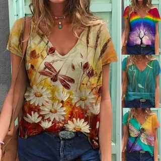 Mujer verano manga corta cuello V camiseta Casual Floral impreso blusa suelta Tops INML