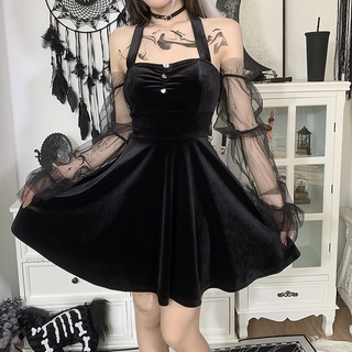 [Lansman] Women Gothic Dress Sleeveless Hollow Out Button Mesh Patchwork Punk Dress