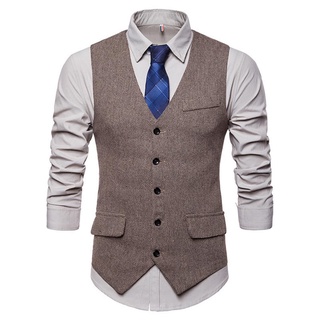 ✲Vv♀Chaleco de negocios para hombre, Color sólido, cuello en V sin mangas, traje de un solo pecho para caballeros, caqui/negro/gris