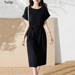tulipán| básico de las mujeres de color sólido de manga corta de verano mini vestido de lazo de la cintura túnica causal cuello redondo vestido delgado encaje hasta caliente