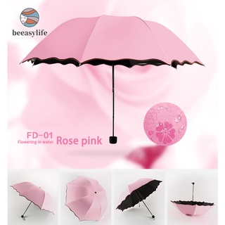 paraguas portátiles para mujer a prueba de viento 3 pliegues flores en cambio de agua color anti-uv sol/lluvia paraguas