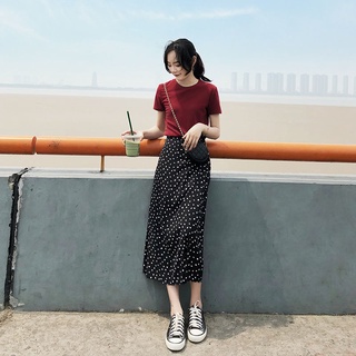 Traje de falda de gasa camiseta negra de manga corta de verano + falda de lunares de dos piezas para mujer