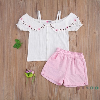 Soo-Niños verano Floral impreso hombros descubiertos mangas cortas Top + pantalones cortos de Color sólido trajes