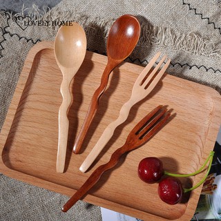 Mango de madera cuchara de té en forma ondulado de madera maciza tenedor postre restaurante pequeño de madera cuchara de sopa de cocina vajilla utensilios