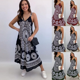 Mujer Cuello En V Vintage Impresión Larga Boho Vestido Señora Playa Verano Sundrss Maxi (1)