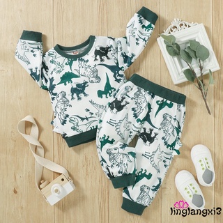 Tm niños Casual de dos piezas conjunto de ropa, verde oscuro dinosaurio impreso patrón jersey y pantalones