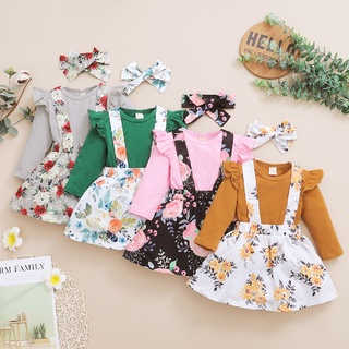 Baby Girls Dresses Long Sleeve Solid Color Bodysuit Floral Suspender Skirt with Headband