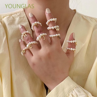 YOUNGLAS coreano perla anillo Simple cobre Metal letra anillo mujeres elegante pequeño fresco forma Irregular chica de agua dulce moda joyería