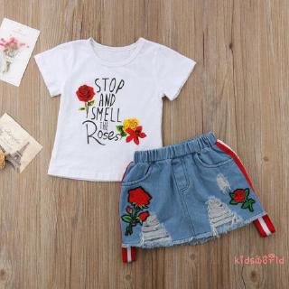 ^^-Cjto ropa De verano para bebé niña Manga corta Flor+falda Rasgada Jeans (1)