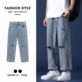 Ripped jeans de los hombres de verano de Hong Kong estilo versión coreana de la tendencia de la sección delgada marea de la marca de pierna ancha pantalones rectos sueltos casuales de nueve puntos pantalones