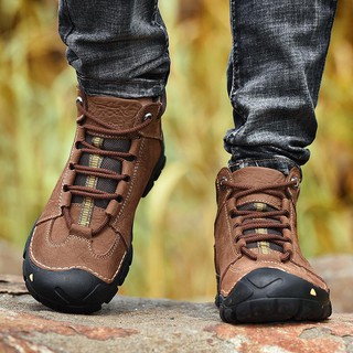 Alta calidad de los hombres botas de cuero genuino alta parte superior al aire libre zapatos de trabajo duradero senderismo zapatos de montaña zapatos de Trekking zapatos de tobillo botas (9)