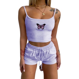 Heli-Mujer conjunto de ropa de dos piezas, mariposa bordado patrón camisola y cintura elástica pantalones cortos, púrpura/azul