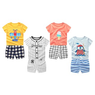 bebé verano de manga corta de algodón de dibujos animados patrón camiseta tops + pantalones cortos 2 piezas conjuntos