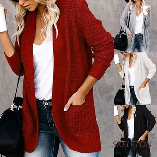 SKELETON Women Chunky Knit Solid Cardigan Long Sleeve Rounded Hem Sweater Coat Pockets
