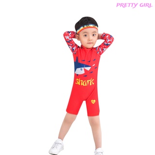 【Ready Stock】 2pcs/set Baby Boys Cartoon Shark Swimsuit Kids Quick Dry Sunscreen One-piece Swimming Suit + Cap For Surfing Swimming Wading Sports