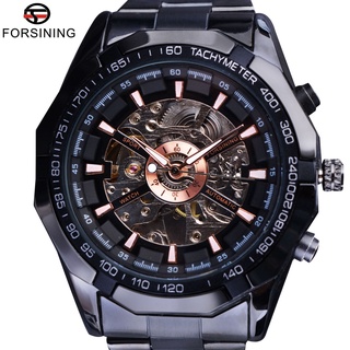 Forsining Deporte Racing Diseño Esqueleto Acero Inoxidable Negro Dial Dorado Top Marca Relojes De Lujo Hombres Reloj De Pulsera Automático