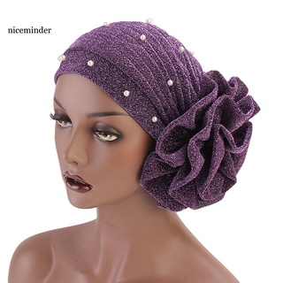 Znce_ moda imitación perla decoración gran flor mujeres elástico sombrero suave cabeza envoltura gorra regalos (5)