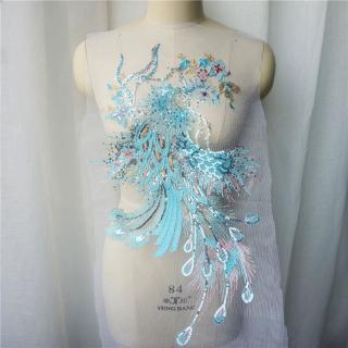 Cielo azul lentejuelas bordado Phoenix encaje tela apliques cuello parche vestido de novia Cheongsam DIY