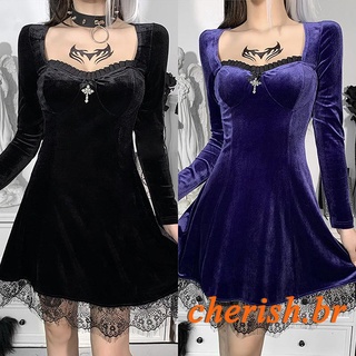 Ce-mujer moda Color sólido gótico vestido Casual manga larga cintura alta encaje recorte una línea de vestido